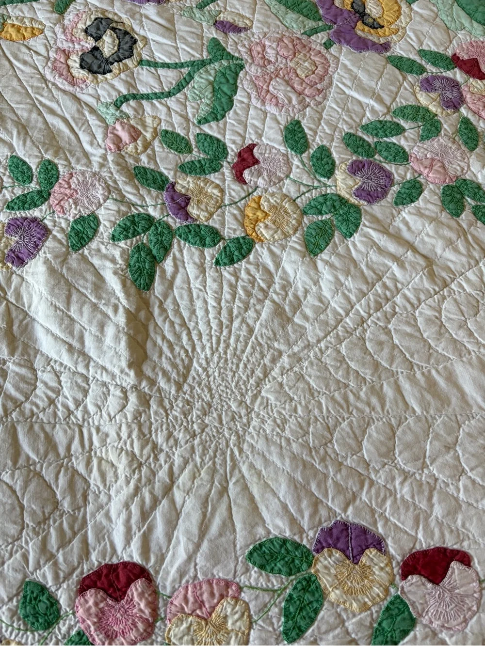 Vintage Handcrafted Floral Quilt Bedspread - White with Multi-Color Appliqué